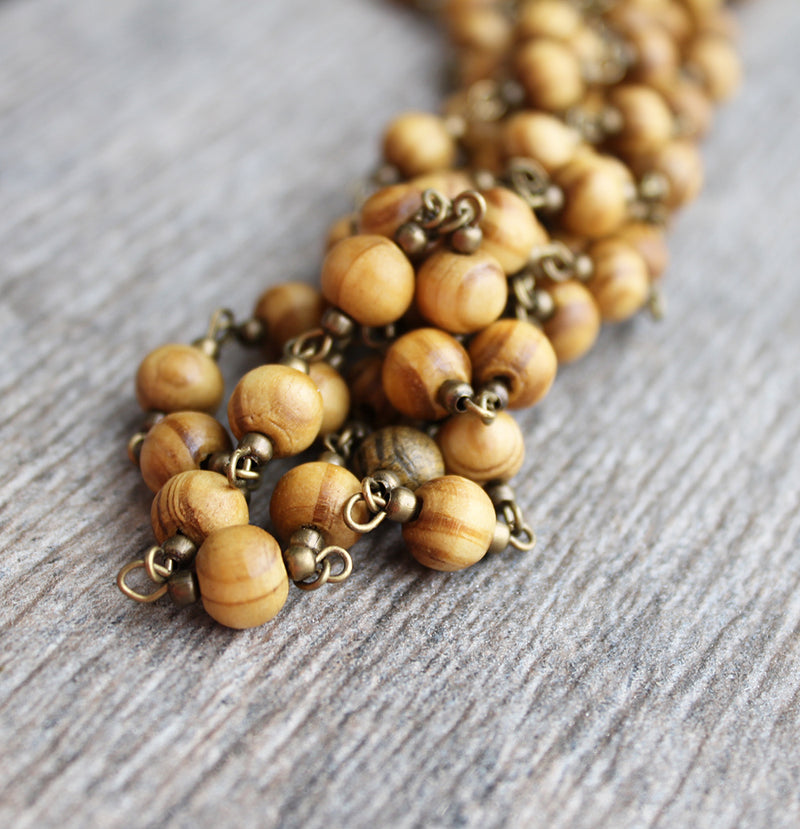 BULK Beaded Rosary Chain - 7mm Natural Wood & Antique Bronze Tone Brass - 3.3ft or 1m - N506