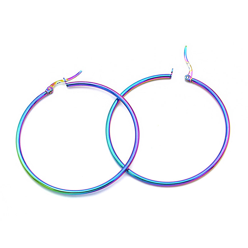Hoop Earrings - Rainbow Electroplated Stainless Steel - Lever Back 54mm - 2 Pieces 1 Pair - Z1682
