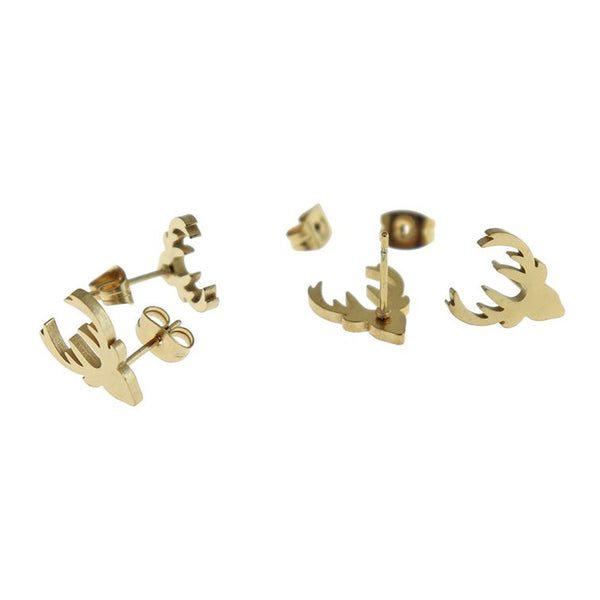 Gold Stainless Steel Earrings - Reindeer Studs - 13mm x 11mm - 2 Pieces 1 Pair - ER493