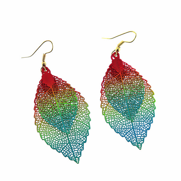 Rainbow Filigree Leaf Earrings - Gold Tone French Hook - 70mm - 2 Pieces 1 Pair - Z1319