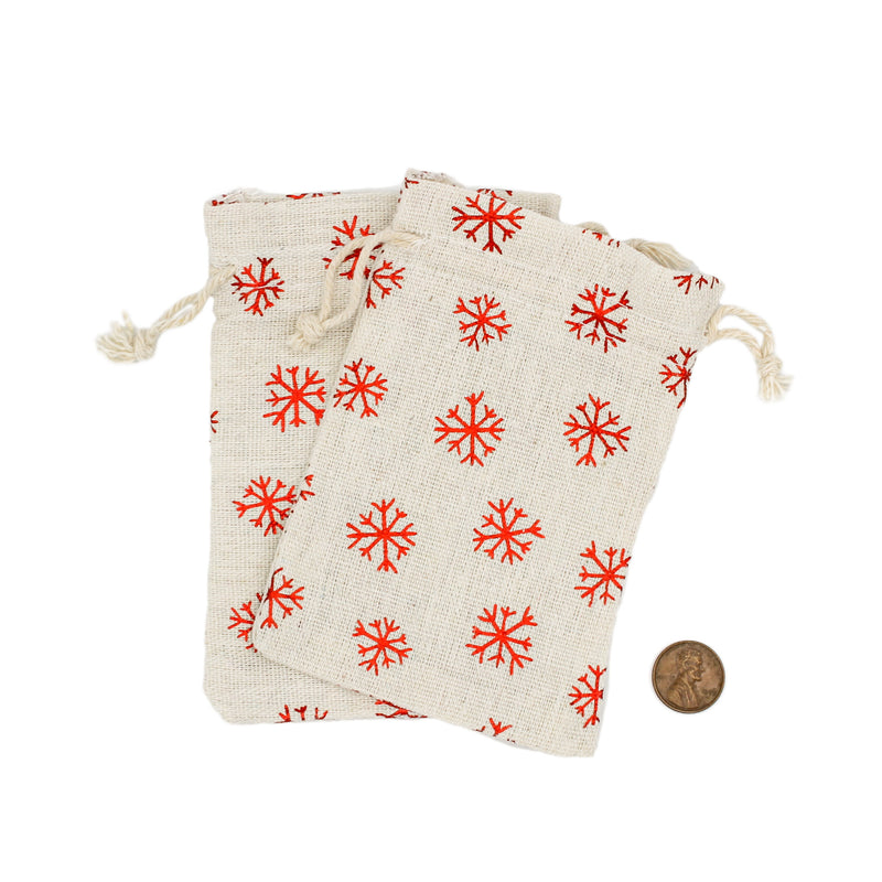 4 Snowflake Cotton Drawstring Bags 14cm x 10cm - TL191