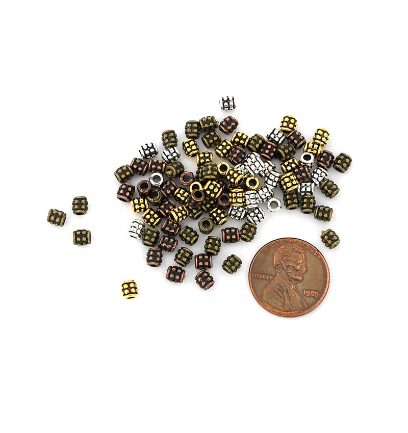 Tube Spacer Beads 4mm - Assorted Antique Silver, Bronze, Copper and Gold Tones - 100 Beads - SC7996