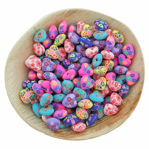 Assorted Floral Heart Polymer Clay Beads 9mm x 8mm - 10 Beads - BD747