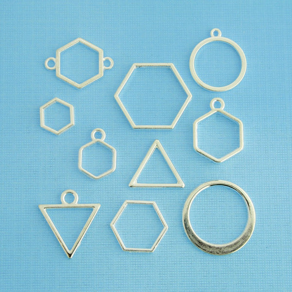 Geometric Charm Collection Silver Tone 10 Different Charms - COL158H
