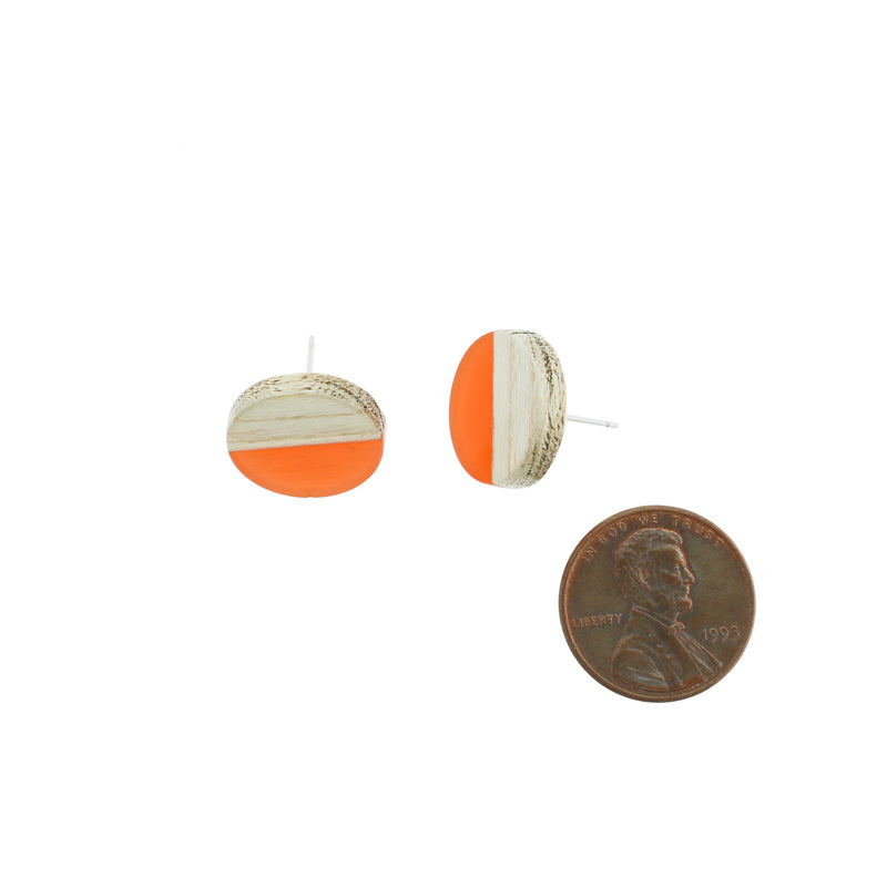 Wood Stainless Steel Earrings - Orange Resin Round Studs - 15mm - 2 Pieces 1 Pair - ER111