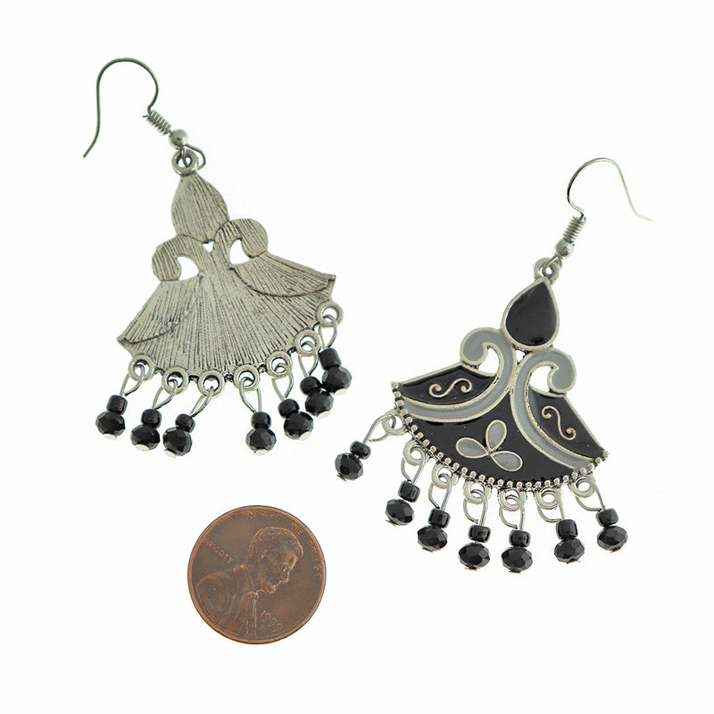 Black Enamel Dangle Earrings - Silver Tone French Hook Style - 2 Pieces 1 Pair - ER544