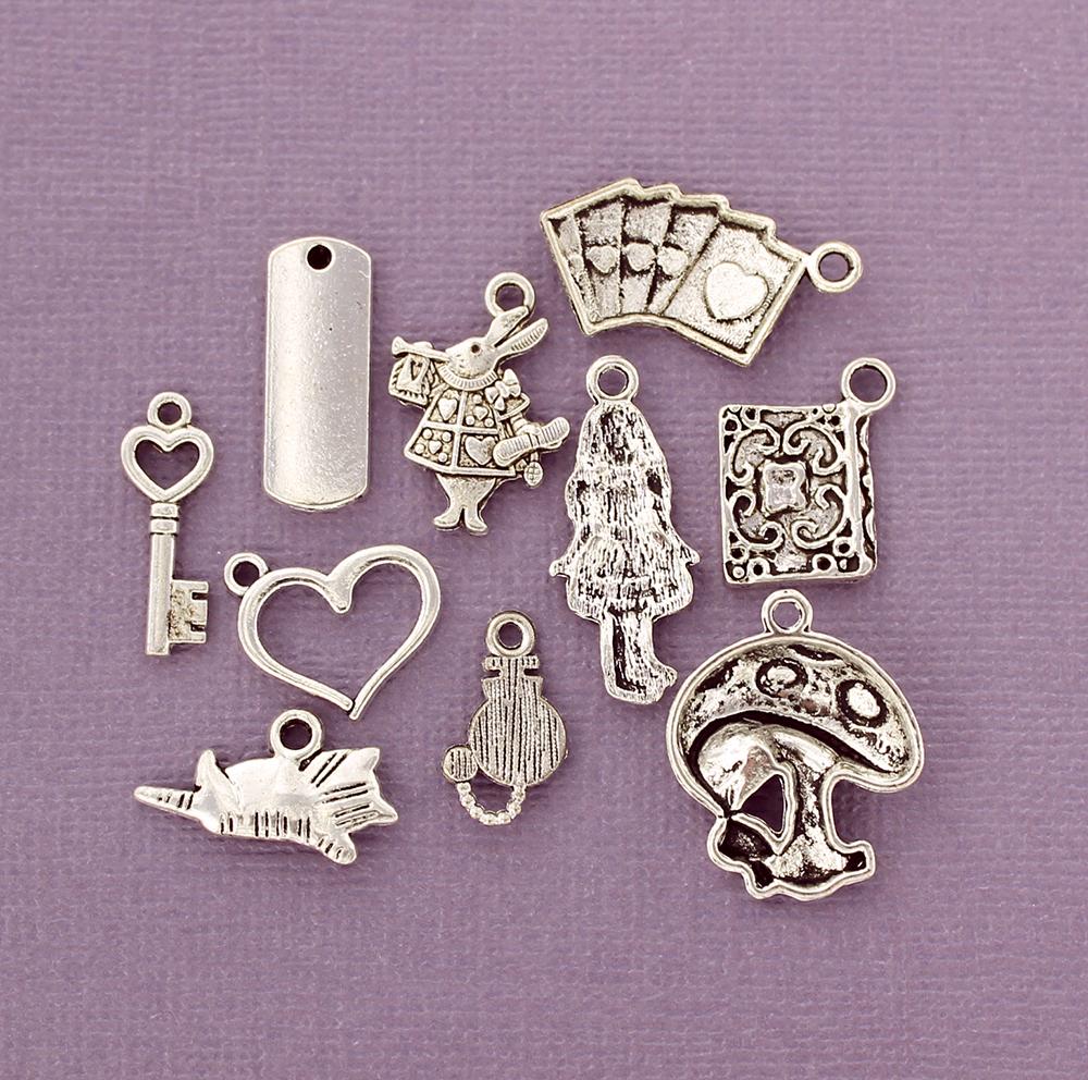 Alice in Wonderland Charm Collection Antique Silver Tone 10 Charms - COL273