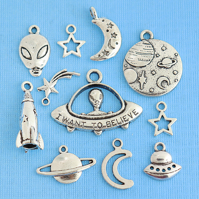 Aliens Charm Collection Antique Silver Tone 11 Charms - COL306