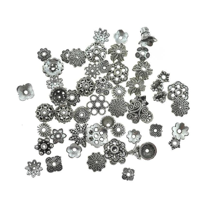 Antique Silver Tone Assorted Bead Caps - 8 - 15mm - 150 Pieces - FD855