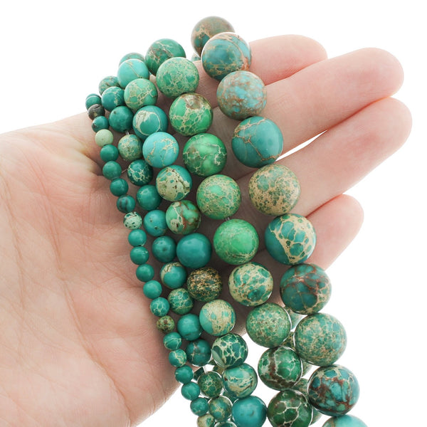 Round Natural Impression Jasper Beads 4mm -8mm - Choose Your Size - Gold and Green Marble - 1 Full 15" Strand - BD1849