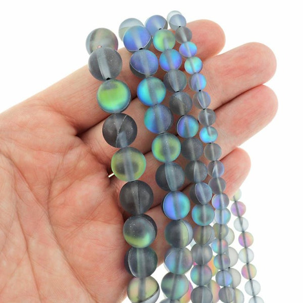 Round Natural Labradorite Beads 6mm - 12mm - Choose Your Size - Electroplated Grey - 1 Full 15" Strand - BD2324