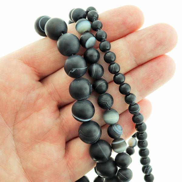 Round Natural Agate Beads 6mm -12mm - Choose Your Size - Banded Black - 1 Full 15" Strand - BD2464