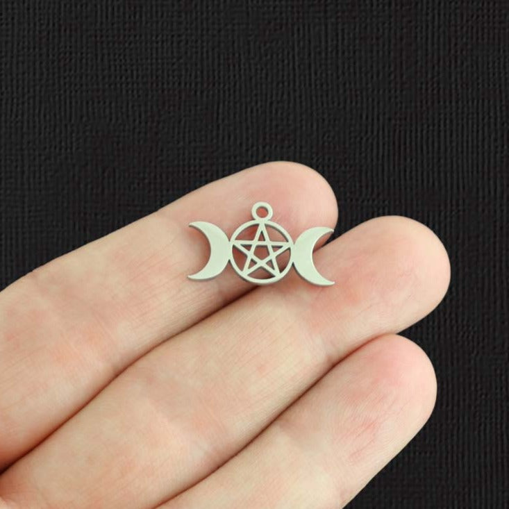 BULK 5 Crescent Moon Pentagram Stainless Steel Charms 2 Sided - SSP497