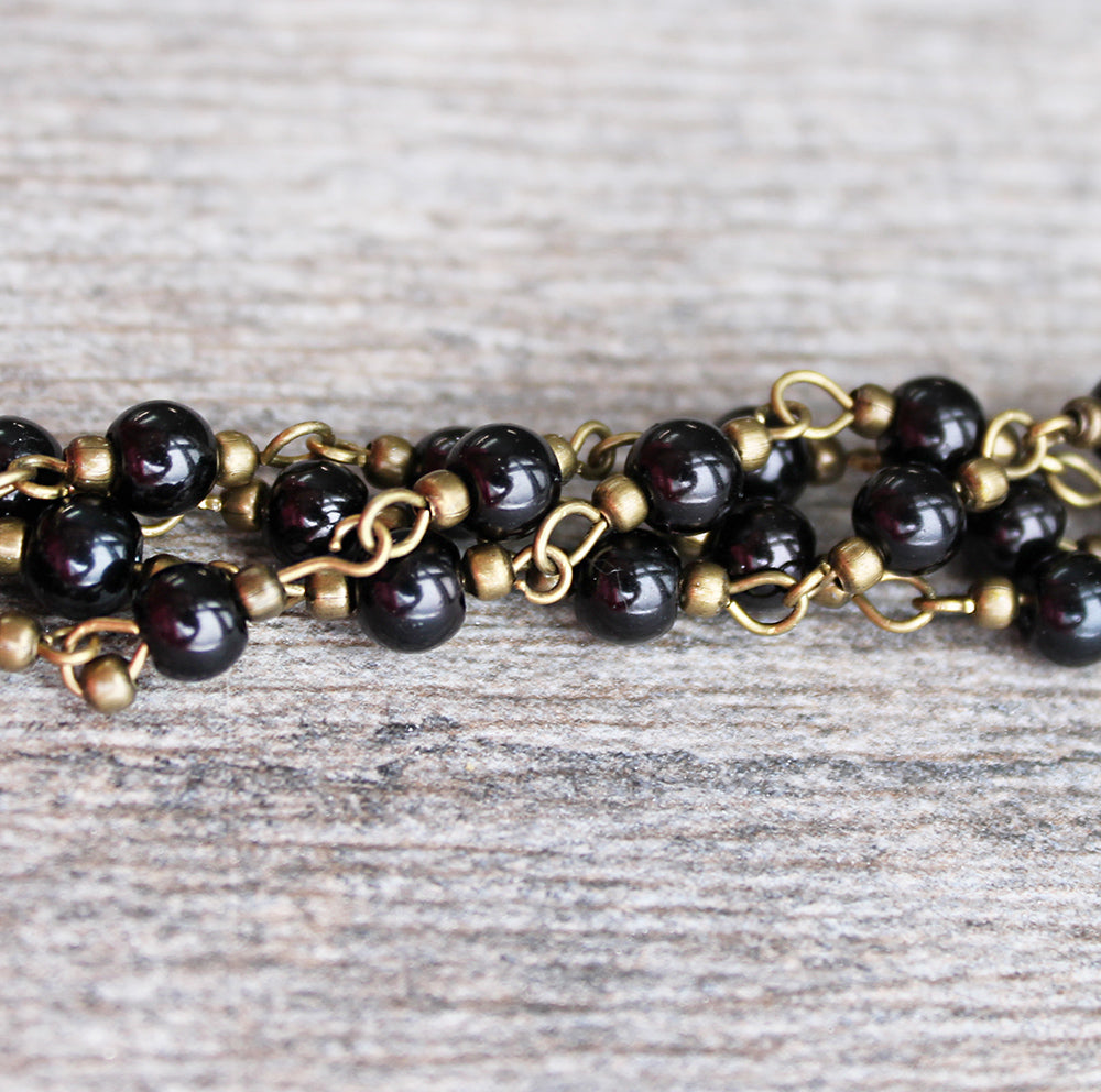 BULK Beaded Chapelet - 6mm Black Pearl Glass & Antique Bronze Tone Brass - 3.3ft ou 1m - N273