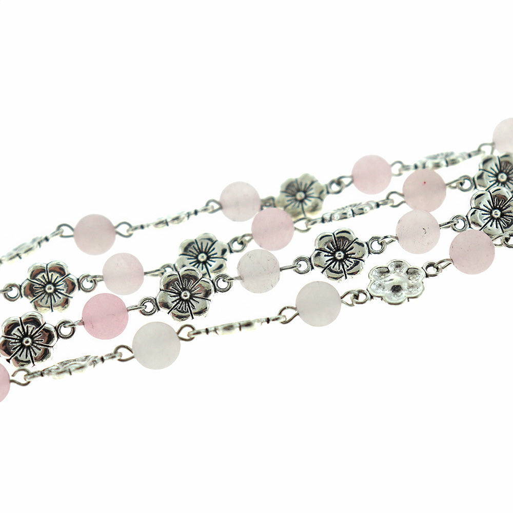 BULK Beaded Rosary Chain - 6mm Natural Rose Quartz & Antique Silver Tone - 3.3ft or 1m - RC039