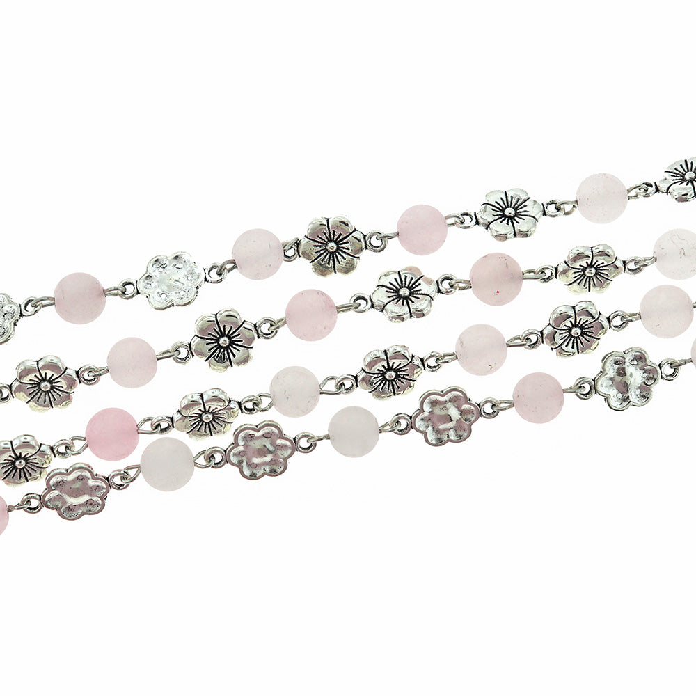 BULK Beaded Rosary Chain - 6mm Natural Rose Quartz & Antique Silver Tone - 3.3ft or 1m - RC039
