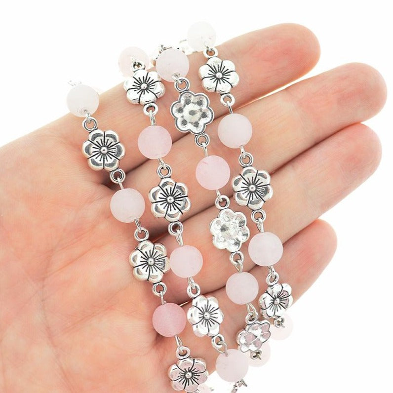 BULK Beaded Rosary Chain - 6mm Natural Rose Quartz & Antique Silver Tone - 3.3ft or 1m - RC039