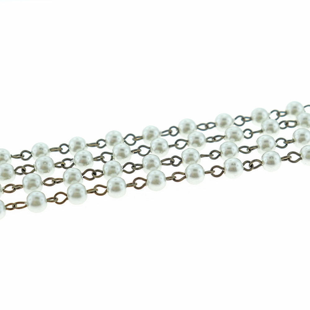 BULK Beaded Chapelet - 6mm White Pearl Glass & Antique Bronze Tone - 3.3ft ou 1m - RC033