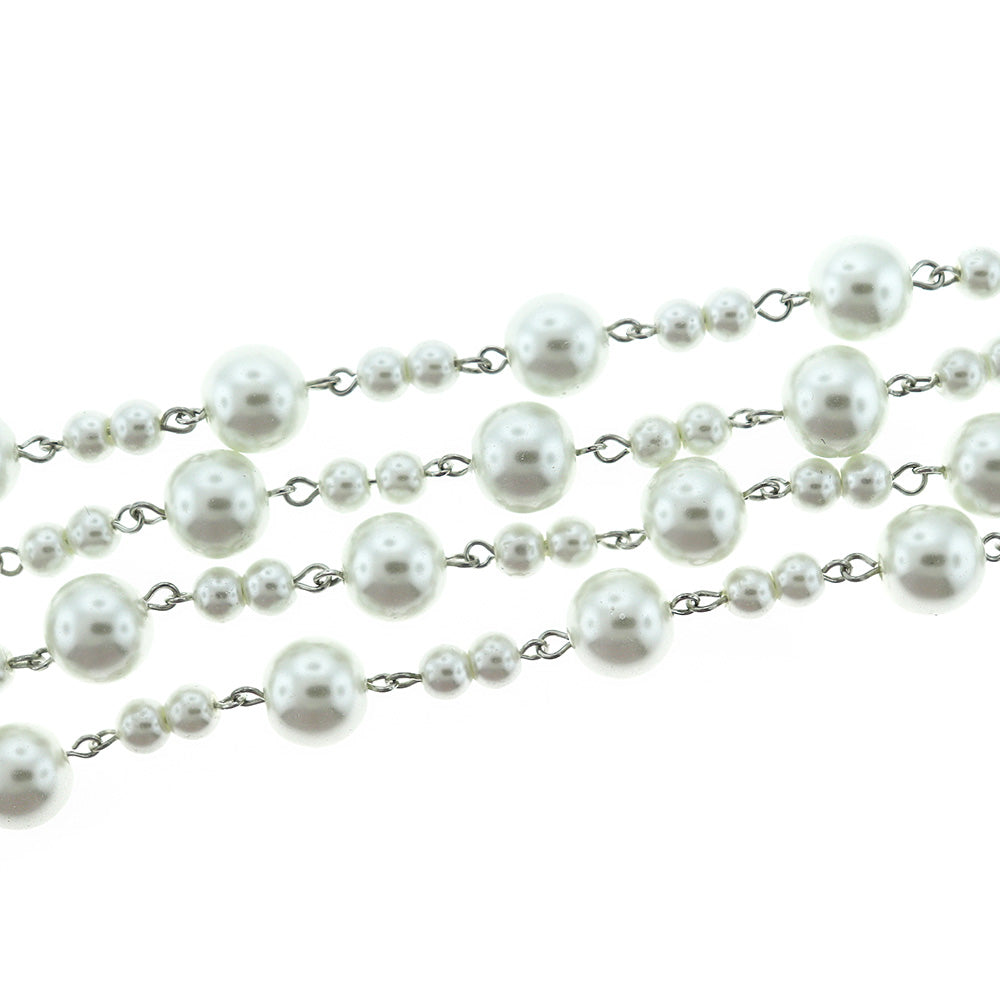 BULK Beaded Rosary Chain - 6mm White Pearl Glass & Silver Tone - 3.3ft or 1m - RC046