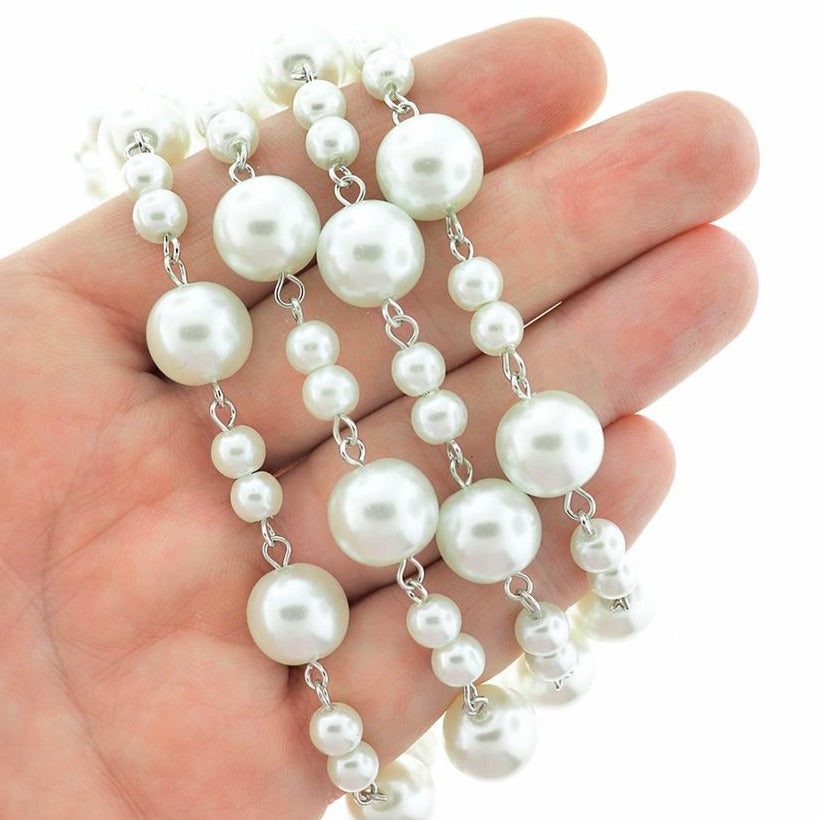 BULK Beaded Rosary Chain - 6mm White Pearl Glass & Silver Tone - 3.3ft or 1m - RC046
