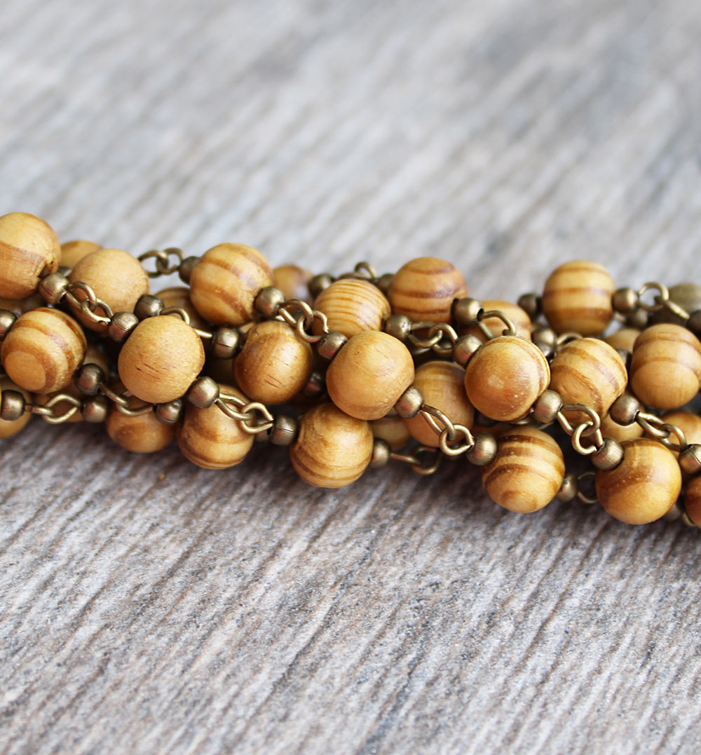 Chaîne de chapelet perlée en vrac - 7 mm en bois naturel et laiton ton bronze antique - 3,3 pieds ou 1 m - N506