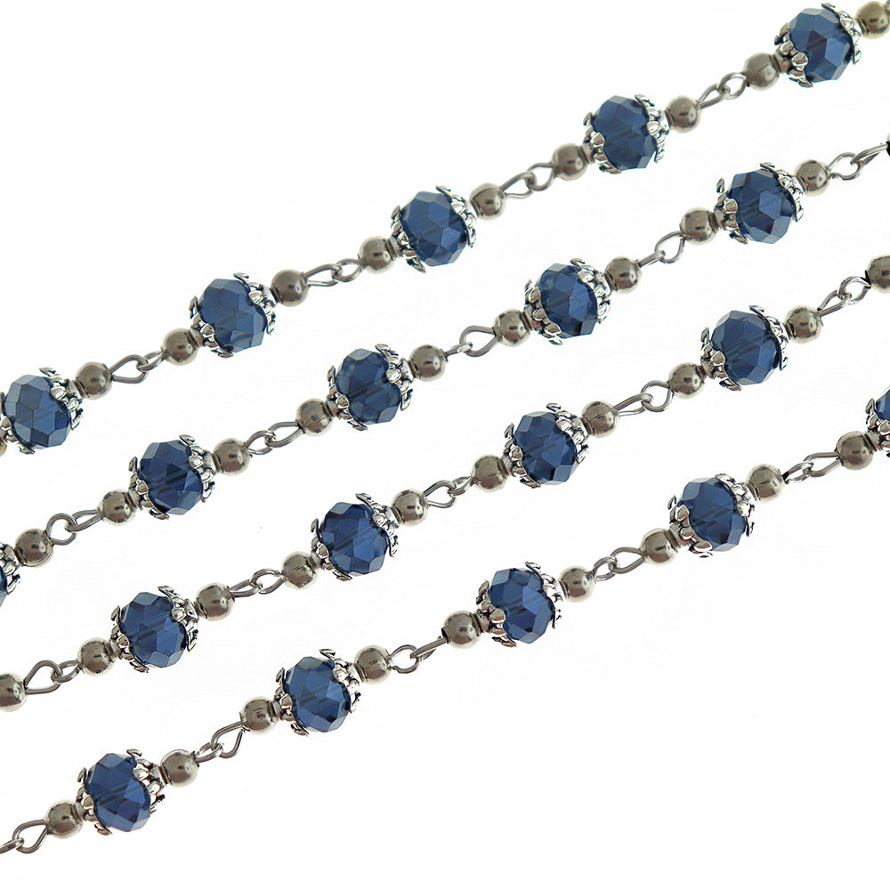 BULK Beaded Rosary Chain - 8mm Rondelle Black Glass & Silver Tone - 3.3ft or 1m - RC050