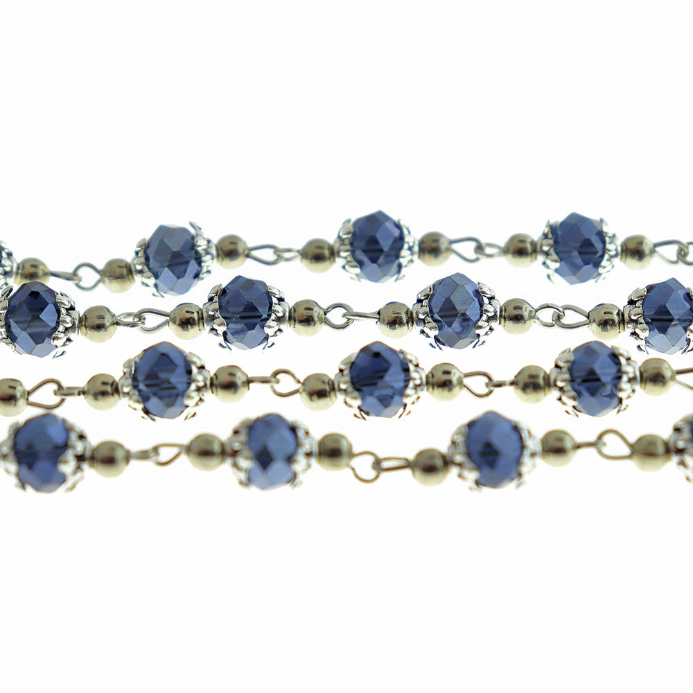 BULK Beaded Rosary Chain - 8mm Rondelle Black Glass & Silver Tone - 3.3ft or 1m - RC050