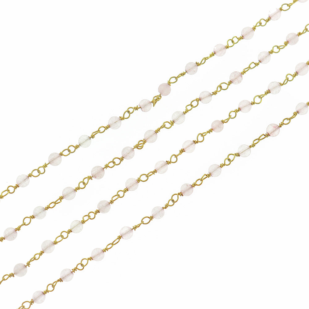 Chaîne de chapelet perlée BULK - Quartz rose naturel de 4 mm et laiton doré - Choisissez votre longueur - 1 mètre + - RC030