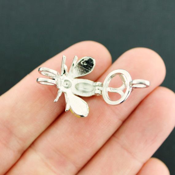 Bee Bead Cage Antique Silver Tone and Enamel Charm With Rhinestones 3D - SC7909