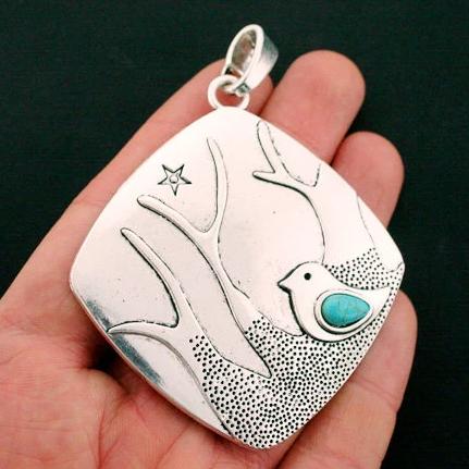 Bird Antique Silver Tone Charm with Imitation Turquoise - SC6521