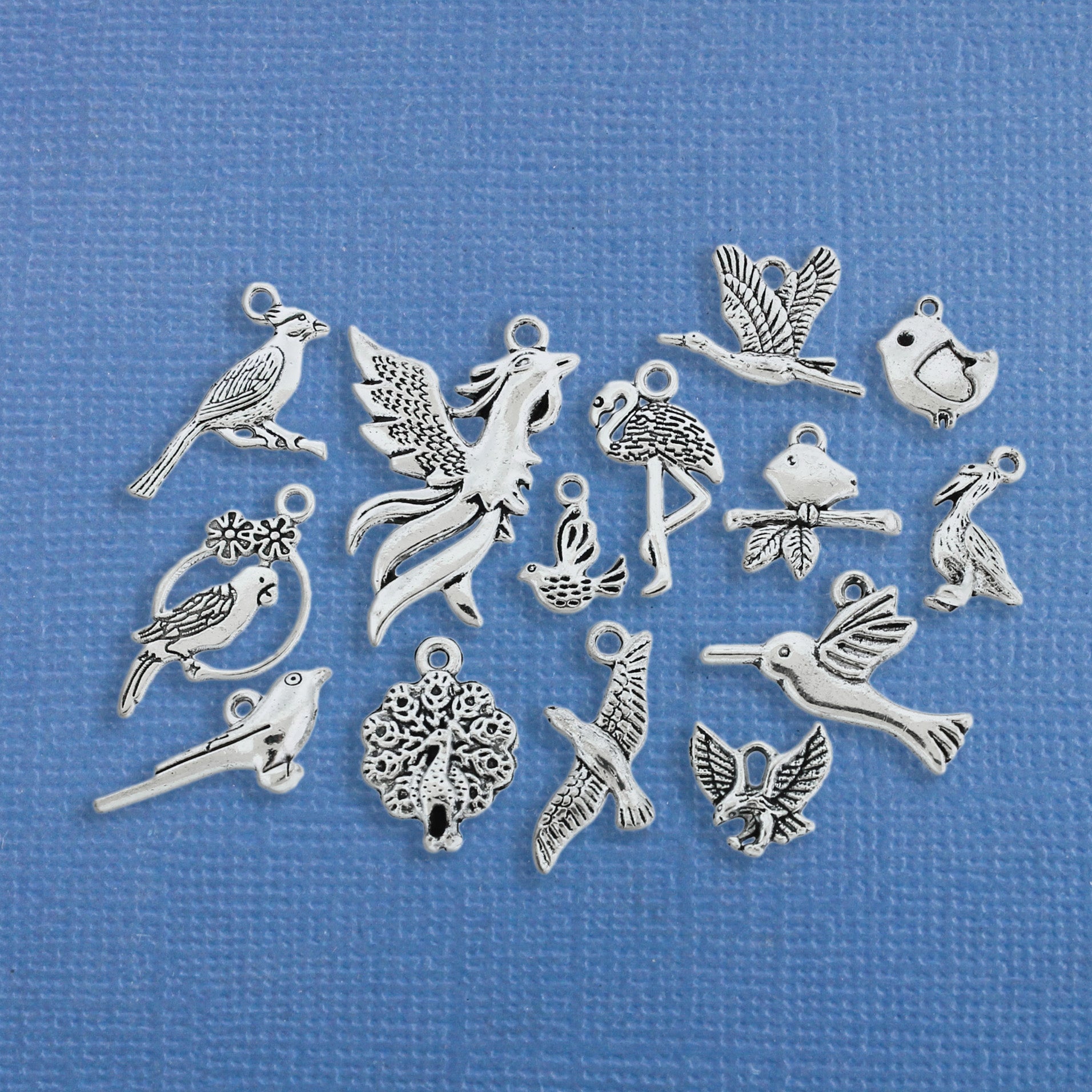 Collection de breloques oiseaux ton argent antique 14 breloques différentes - COL151