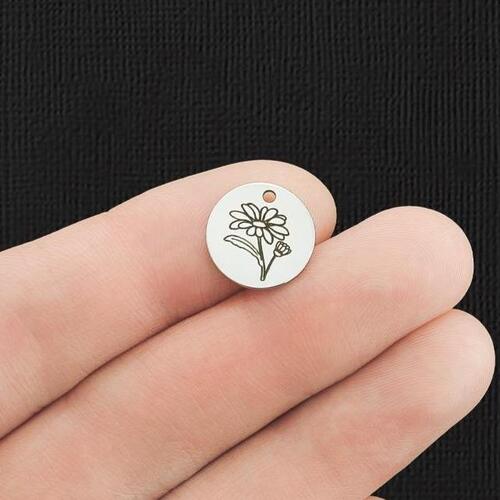 Birth Month Flower Stainless Steel 13mm Round Charms - April Daisy - BFS007-5950