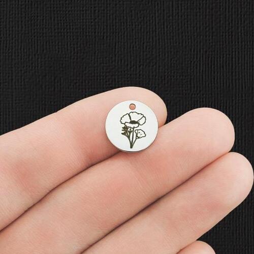 Birth Month Flower Stainless Steel 13mm Round Charms - August Poppy - BFS007-5955