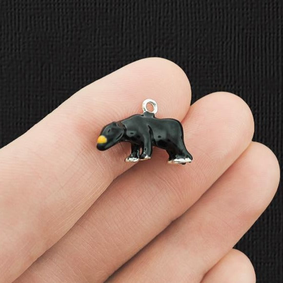 Black Bear Silver Tone Enamel Charm 3D - E048