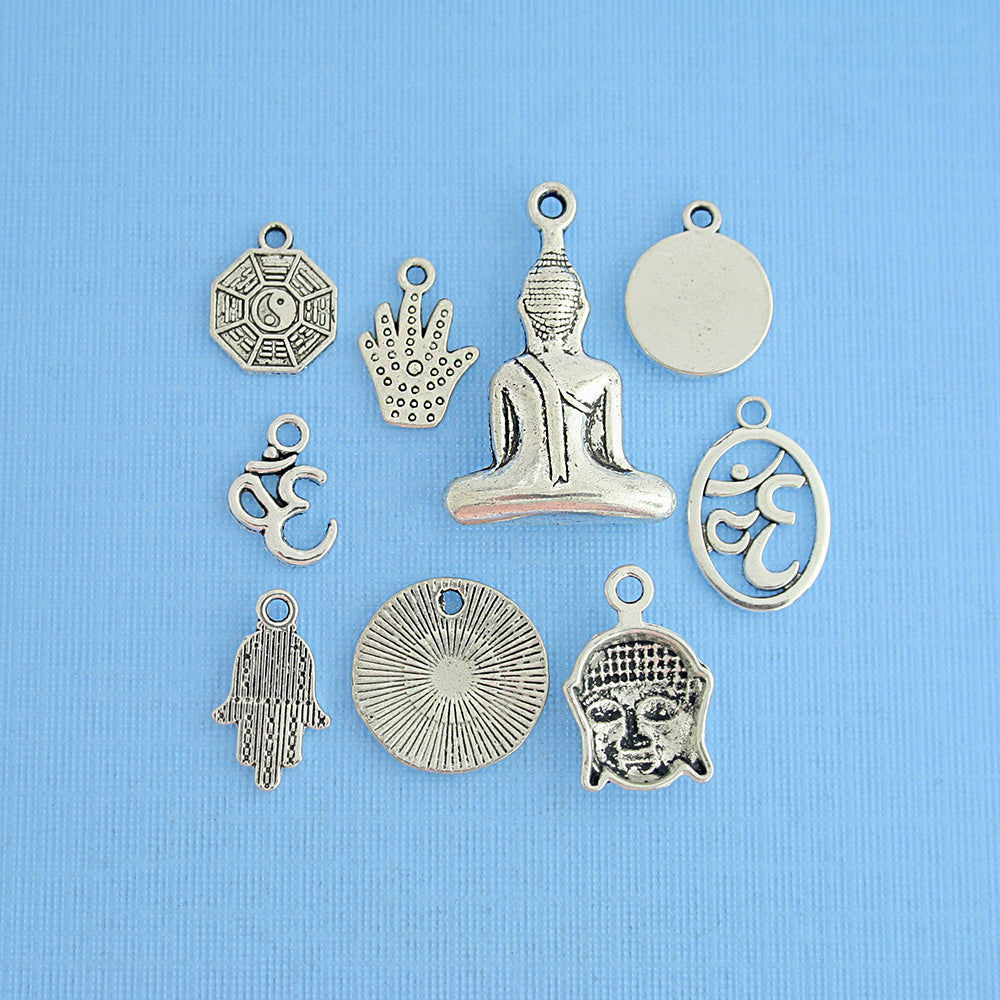 Buddha Charm Collection Antique Silver Tone 9 Different Charms - COL093