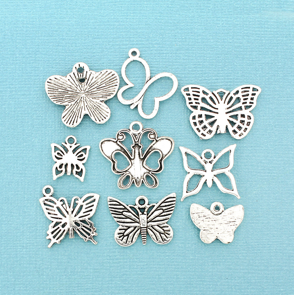 Collection de breloques papillon ton argent antique 9 breloques différentes - COL365
