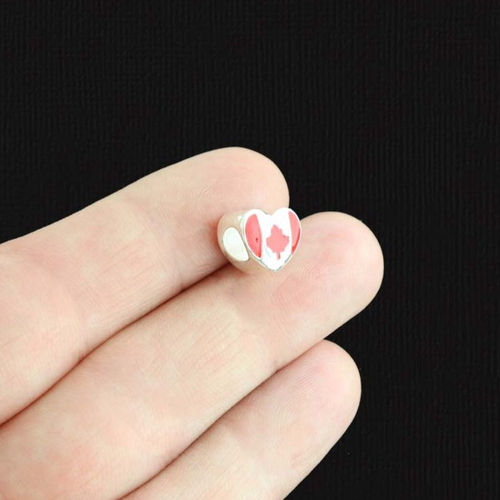 Canada Flag Spacer Metal Beads 11mm x 10mm - Silver Tone and Red Enamel - 4 Beads - E1475