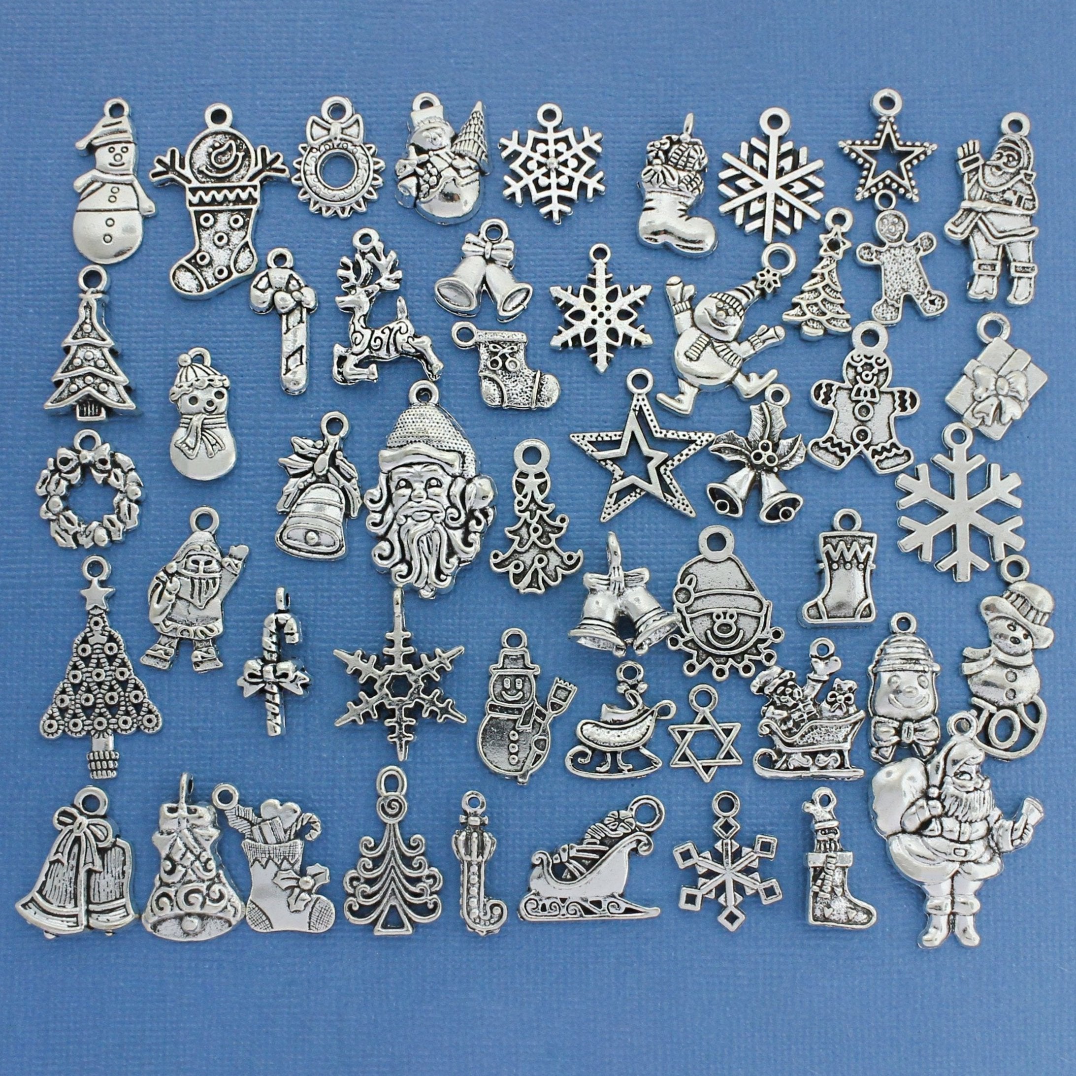 Collection de breloques de Noël ton argent antique 50 breloques - COL362