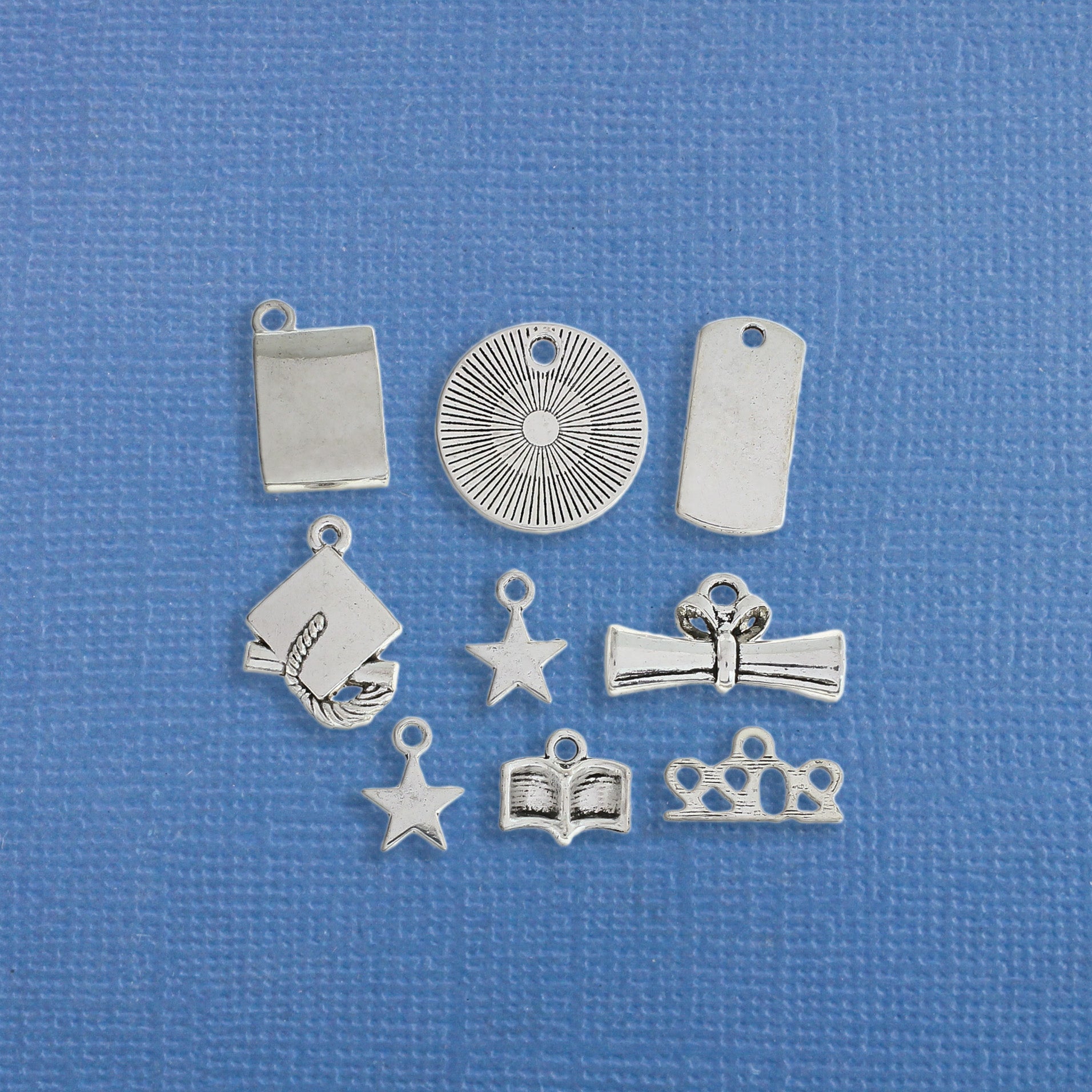 Class of 2026 Graduation Charm Collection Antique Silver Tone 9 Different Charms - COL195