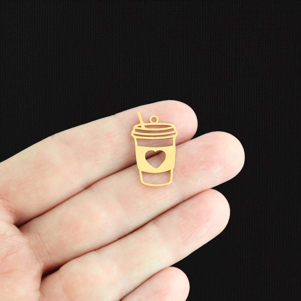 Coffee Cup Gold Stainless Steel Charm 2 Sided - SSP538