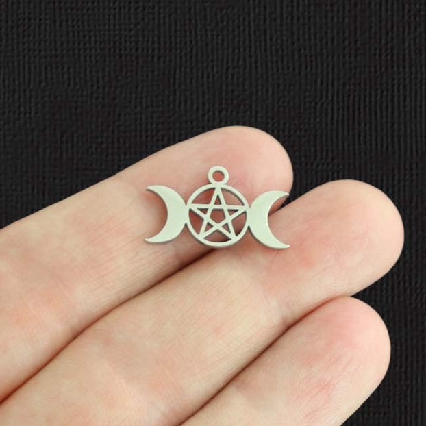 Crescent Moon Pentagram Stainless Steel Charm 2 Sided - SSP497
