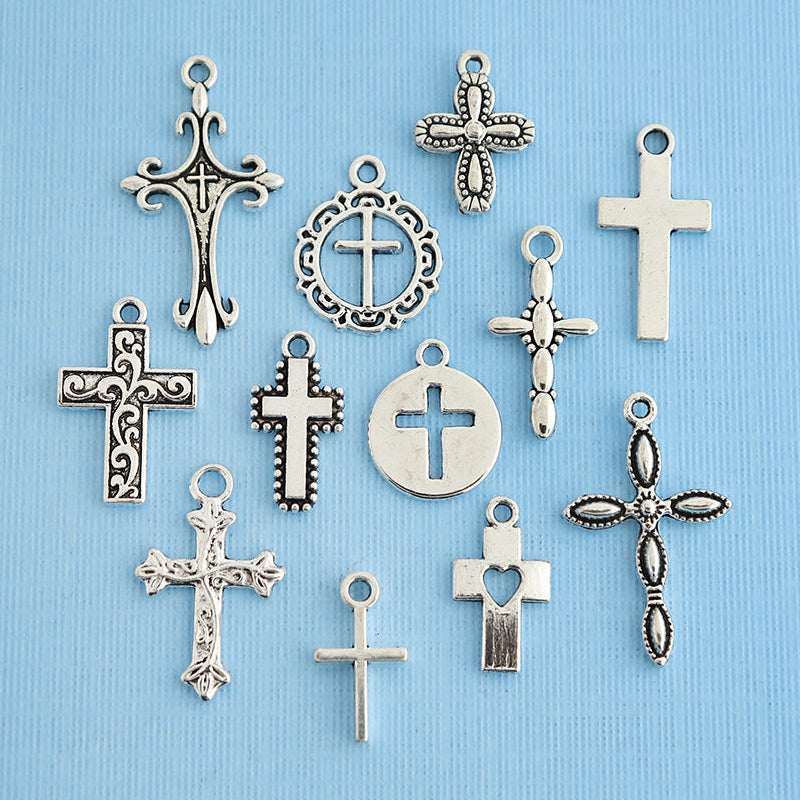 Cross Charm Collection Antique Silver Tone 12 Different Charms - COL018