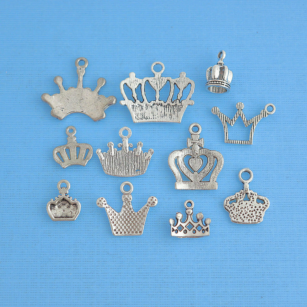 Collection de breloques couronne ton argent antique 11 breloques différentes - COL149