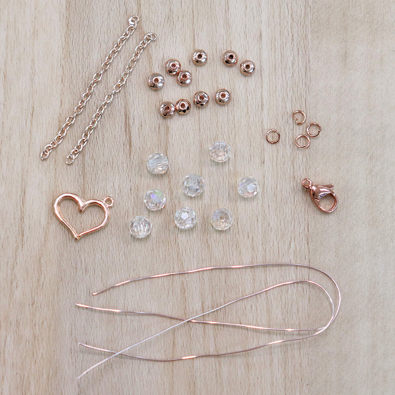 DIY Rose Gold Tone Beaded Heart Bracelet Kit - Quantity and Tool Options - DIY004