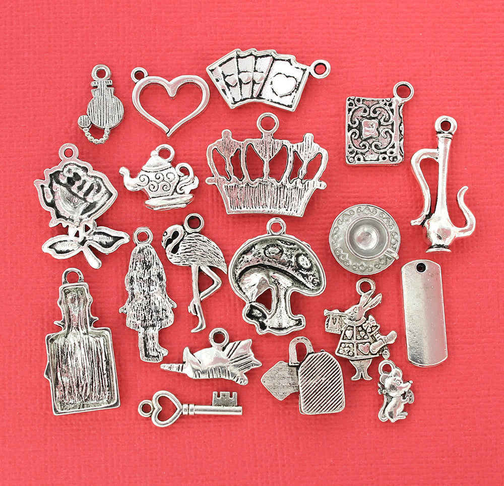 Deluxe Alice in Wonderland Charm Collection Antique Silver Tone 19 Charms - COL049