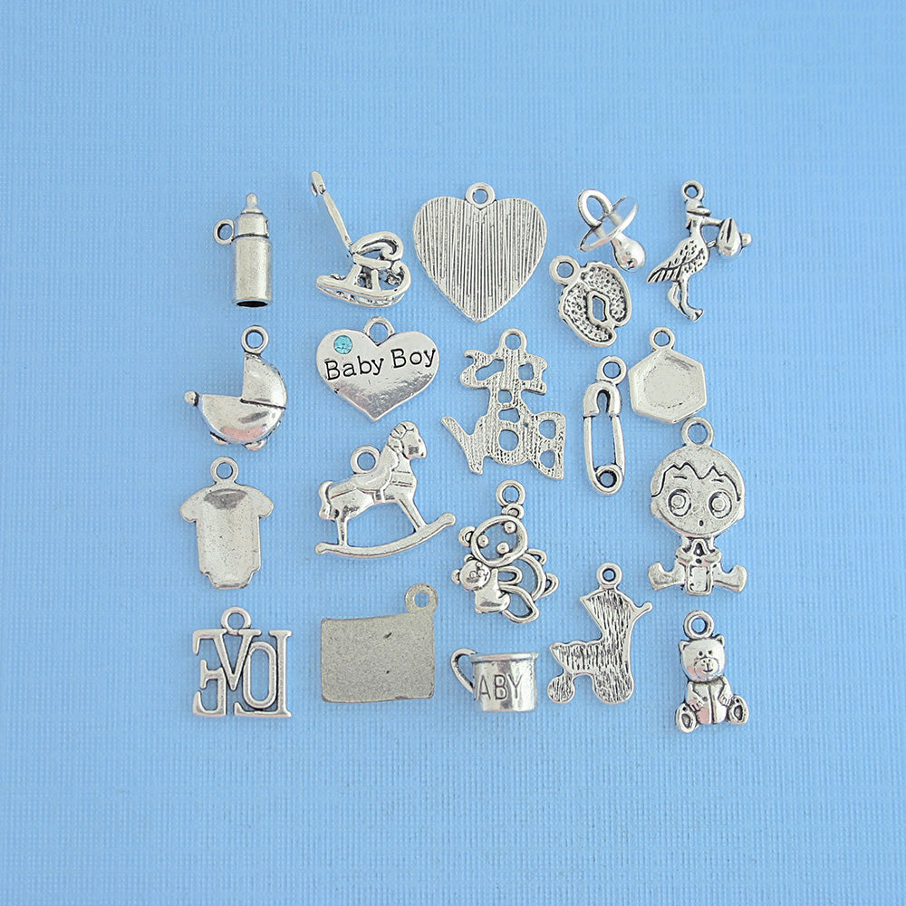 Deluxe Baby Boy Charm Collection Antique Silver Tone 20 Charms - COL284
