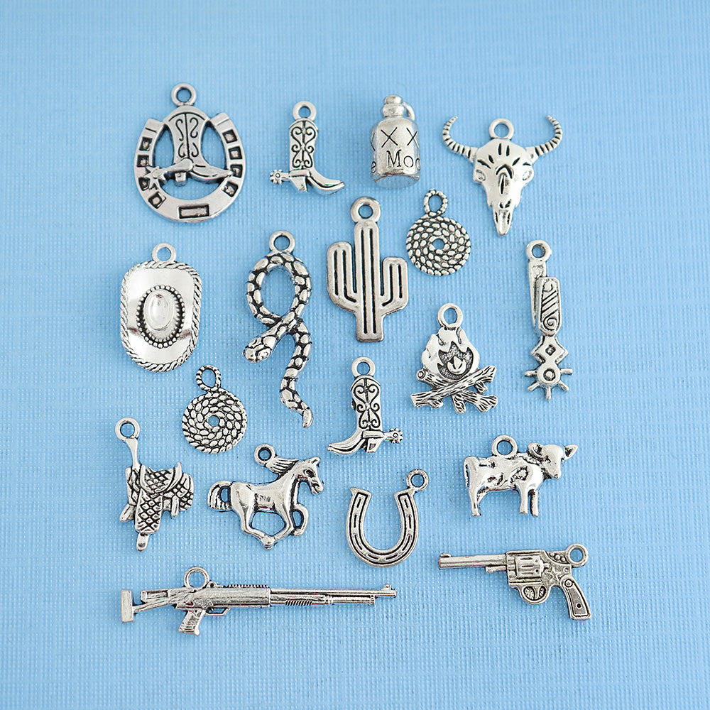 Deluxe Cowboy Charm Collection Antique Silver Tone 18 Charms - COL267