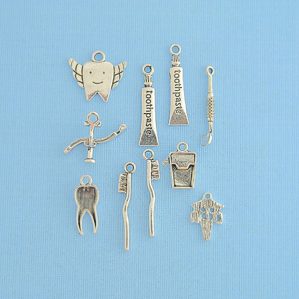 Collection de breloques dentaires de luxe ton argent antique 10 breloques - COL314