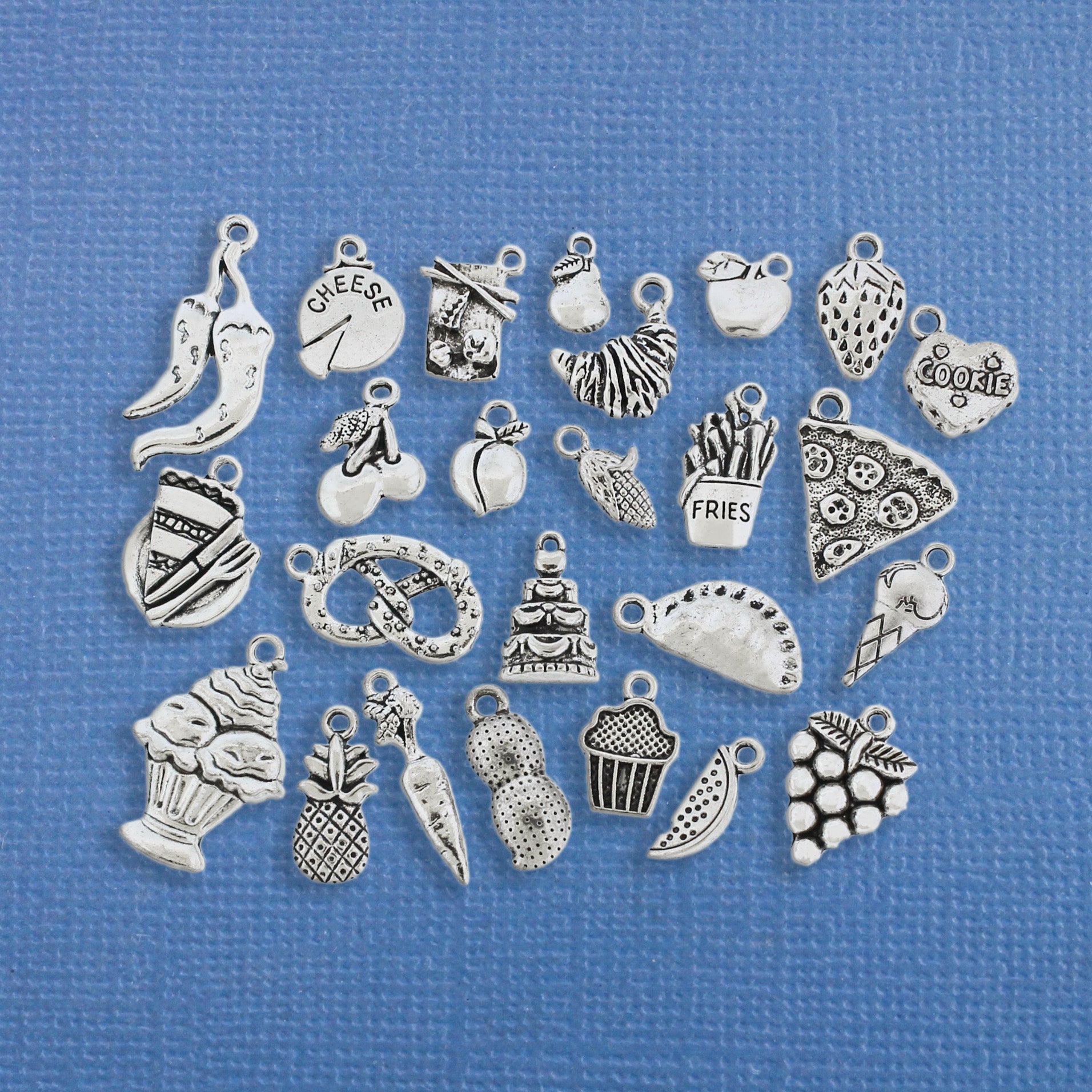 Deluxe Food Charm Collection Antique Silver Tone 25 Different Charms - COL193