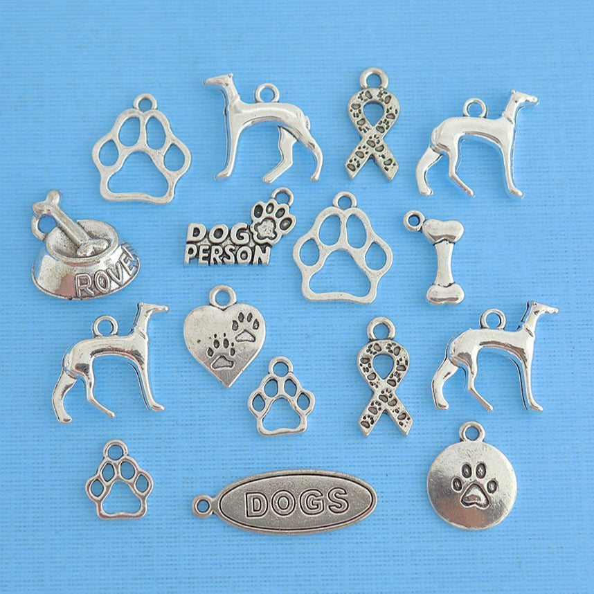 Deluxe Greyhound Rescue Charm Collection Antique Silver Tone 16 Charms - COL263
